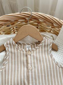 2 pièces/Ensemble Salopette sans manches rayée colorée abricot et chapeau seau pour bébé garçon/fille, tenue casual polyvalente pour les vacances et les voyages