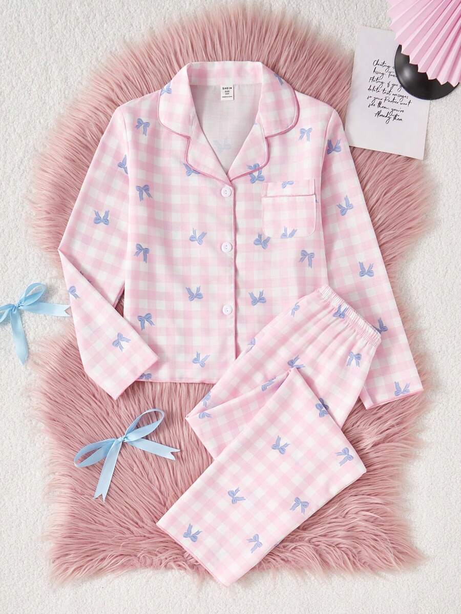 Bộ đồ ngủ 2 món cho bé gái tuổi mới lớn - Quần dài in họa tiết bướm & kẻ caro dễ thương & áo len cardigan Bộ đồ ngủ thoải mái - Nhiều màu - Xem 1