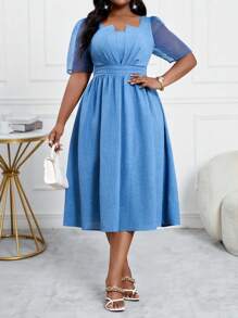 SHEIN Lady Vestidos de oficina de talla grande con mangas abullonadas, contraste de malla, cinturilla plisada y falda acampanada, elegantes para primavera y verano