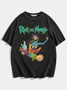 Rick and Morty X SHEIN Camiseta de manga corta con cuello redondo, estampado de dibujos animados y letras para mujer