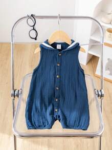 Quần yếm liền thân không tay cổ xanh navy phối màu cổ điển cho bé trai/bé gái, phong cách thường ngày của trường đại học, thích hợp cho kỳ nghỉ, du lịch, đi học, ở nhà và đi chơi vào mùa hè - Màu xanh lam - Xem 6