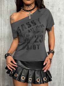 Coolane 女式字母印花不对称领短袖修身T恤，夏季 - 灰色 - 查看 5