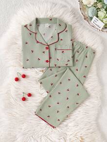 2pcs Teen Girls Apricot Color Minimalist Cherry Print Long Sleeve Top And Pants Set, Casual & Comfortable Home Wear Cute Pajama Set Cherry Pajama Set Fall Winter - Green - View 5