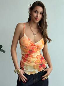 Aloruh 女士夏季花卉印花荷叶边褶饰吊带背心