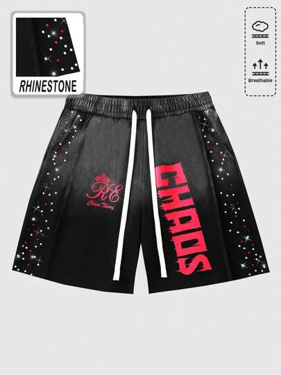 Street Life Pantaloncini larghi da uomo con vita con coulisse e stampa a lettere con diamanti scintillanti