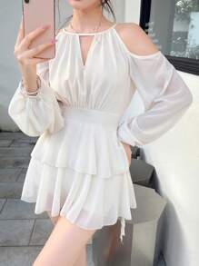 Celisse Women's Beige Keyhole Neckline Mini Dress Casual Woven Tiered Dress With Long Sleeves And Cold Shoulder Detail Fall Cloth For Women