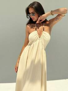 Aloruh Women's Summer Sexy Beach Vacation Style Solid Color Chest Ruched Backless Halter Dress - Apricot - View 2