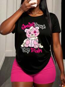 BamGleam 女士休闲短袖 T 恤，印有泰迪熊和字母，痛苦中露出微笑
