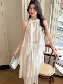 prairielle prairielle 2 件套：女士休闲纯色 3D 花卉无袖上衣和裙子，通勤风格 - 白色 - 查看 5