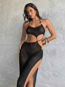 Aloruh Nuevo vestido de primavera/verano para mujer de estilo bohemio, de un solo color negro, de tirantes finos con lazo y decoración de cuentas, vestido transparente tipo cobertor para la playa