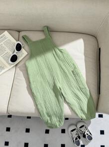 Baby Boy Cute Cotton Jumpsuit, Simple Solid Color Design, Sleeveless Straps, Suitable For Spring And Summer