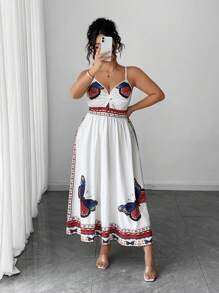 Elenzga Plus Size Women Summer Holiday Butterfly Print Twist Knot Strap Dress - White - View 5