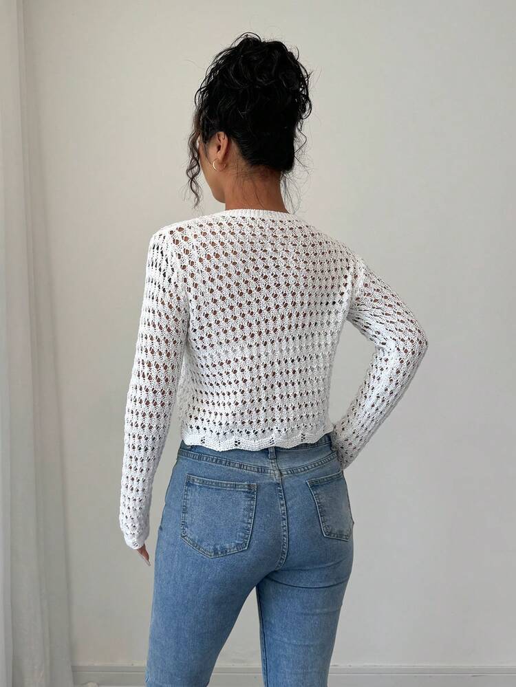 Breezaya Cardigan de punto hueco, suéter de manga larga para primavera y otoño - Blanco - Añade 3