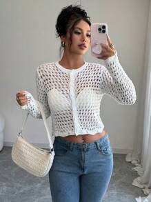 Breezaya Cardigan de punto hueco, suéter de manga larga para primavera y otoño - Blanco - Ver 7