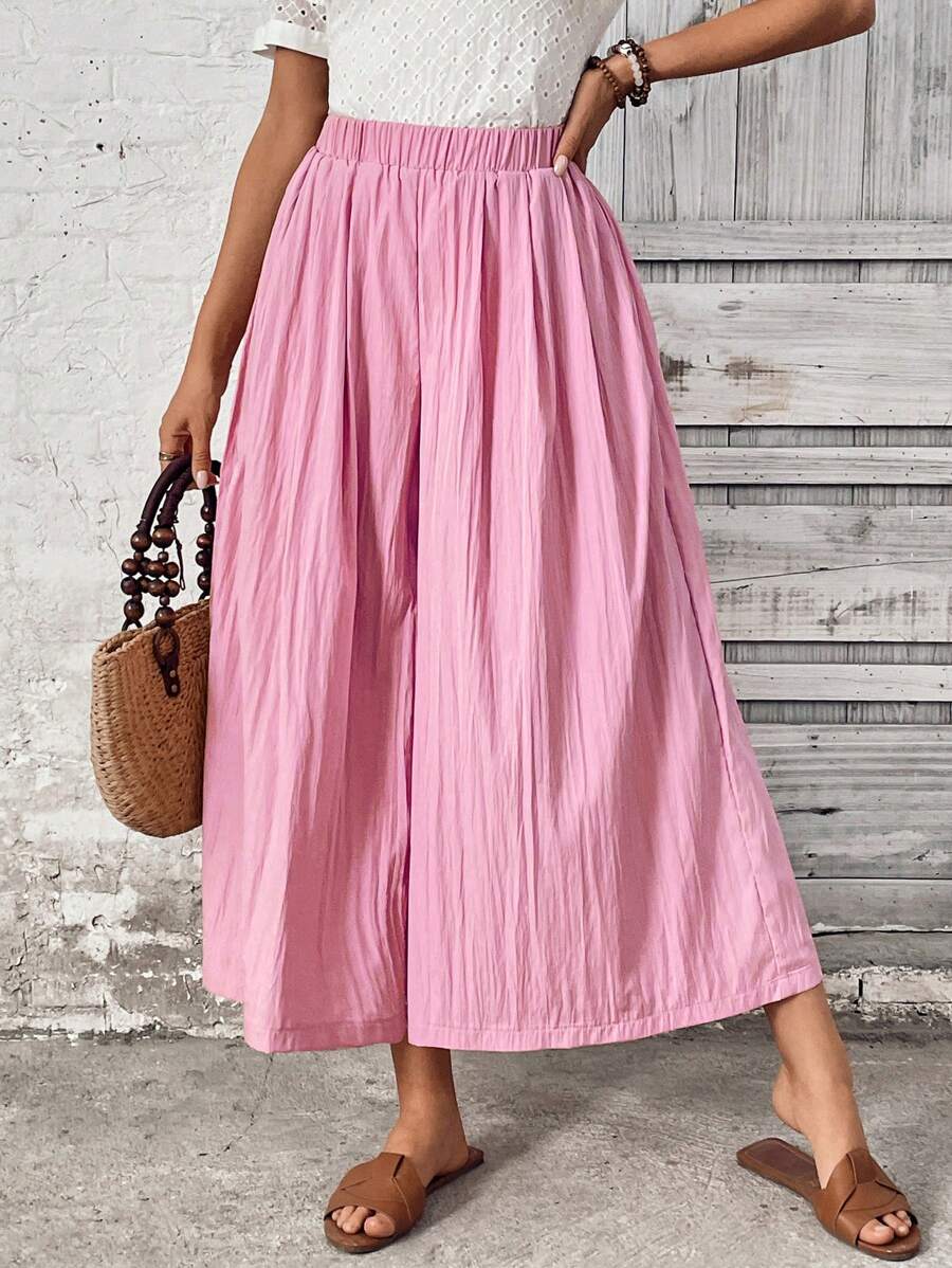 SHEIN Unity Light Pink,Autumn,Boho,Vacation Summer New Colorful Wide Leg Pants Elastic Waist Versatile Loose Fit Straight Leg,Casual High Waist Skorts For Ladies - Pink - View 1