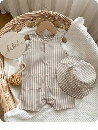 2 Stücke/Set Baby Jungen/Mädchen Sommer Apricot farbig gestreifter ärmelloser Romper & Fischerhut, vielseitiger Freizeitoutfit für Urlaub & Reisen