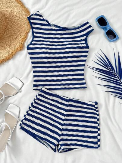 SHEIN 2 st/set tonårsflickor randig stickad asymmetrisk axlad åtsittande topp och ultralåg midja smala shorts, lämplig för högtid, fest, jul, alla hjärtans dag, dejt, strand, kryssning, karneval, påsk