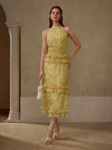MOTF PREMIUM VESTIDO FRUNCIDO CON VOLANTES Y ESTAMPADO FLORAL - Amarillo - Ver 4