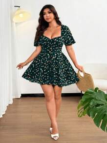 Flirla Plus-Size Women's Collar Lace Trim A-Line Print Party Jumpsuit - Dark Green - View 3
