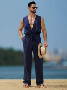 Manfinity RSRT Men's Summer Casual Solid Color Sleeveless Jumpsuit Men Jumpsuit Resort Wear Men - Blue - View 4