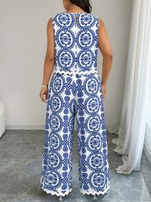 Elenzga Duży rozmiar, nadruk, swobodny, wakacyjny i dojazdowy, 2-częściowy zestaw - Niebieski - Zobacz 2