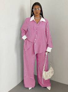 Maweii 大码休闲通勤条纹衬衫和裤子两件套