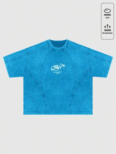 Street Life Men's Relaxed Drop Shoulder Wash Effect Patchwork Short T-Shirt, Vintage Street Style