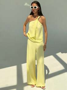 Aloruh Set de 2 piezas para mujer de top minimalista de un solo hombro en unicolor y pantalones holgados de pierna ancha, para verano - Amarillo - Ver 3