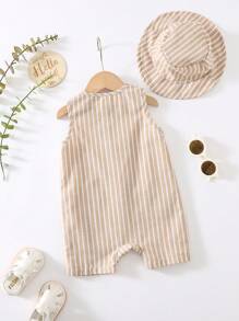 2 pièces/Ensemble Salopette sans manches rayée colorée abricot et chapeau seau pour bébé garçon/fille, tenue casual polyvalente pour les vacances et les voyages
