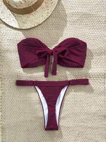 Swim Chiccia Springbreak Women Summer Solid Color Bustier With Metallic Decor And Thong Bikini 2 Pieces Set, Minimalist