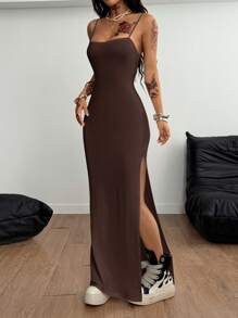 Coolane Women's Summer Streetwear Concert Date Night Vacation Outfits Y2K Woven Tape Split Long Dress