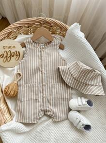 2 pièces/Ensemble Salopette sans manches rayée colorée abricot et chapeau seau pour bébé garçon/fille, tenue casual polyvalente pour les vacances et les voyages