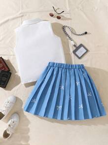 SHEIN Conjunto informal de verano de 2 piezas para niñas preadolescentes con top de tirantes de unicolor con estampado de moño + falda plisada