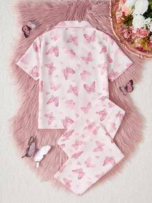 SHEIN 女童舒适纹理面料紫色蝴蝶印花长裤和短袖宽松休闲两件套睡衣套装 - 淺粉色 - 查看 2