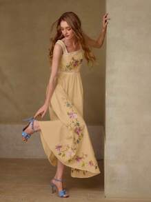 MOTF PREMIUM LINEN EMBROIDERY CONTRAST TRIM DRESS