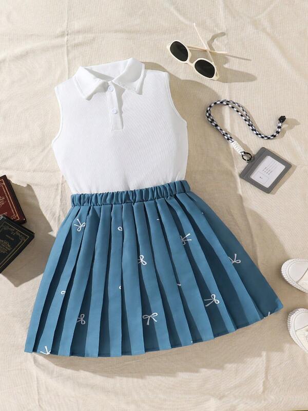 SHEIN Tween Girl Summer Casual Sleeveless Collared Tank Top & Butterfly Print Pleated Mini Skirt 2pcs Set