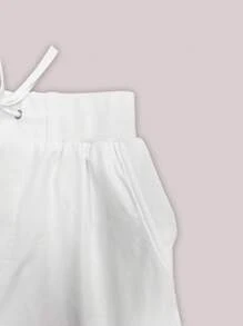 SHEIN LUNE Quần short thể thao nữ có dây rút, quần short ống rộng rộng rãi, có gấu quần - trắng - Xem 6