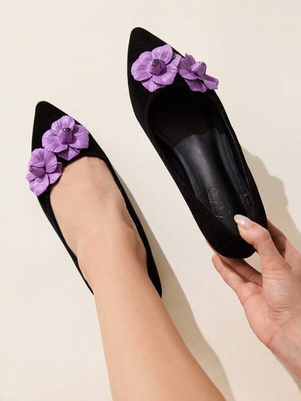 CUCCOO CHICEST Women's Black Pointed Toe Flats With Colorblock Floral Decor, Elegant & Comfortable