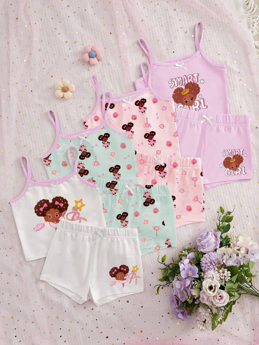 8件套女童简约时尚可爱图案印花吊带背心和三角裤内衣套装 - 彩色 - 查看 1