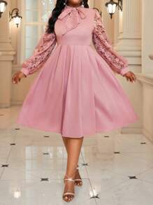 Fleurora 大码优雅派对纯色撞色蕾丝情人节礼服 - 藕粉色 - 查看 3