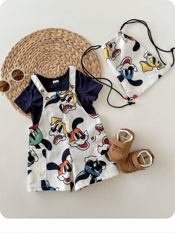 Set da 2 pezzi per bambini maschi, bavaglino a stampa animali cartoons + pantaloncini, adatto per primavera/estate, casual, casa, cerimonie