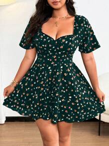 Flirla Plus-Size Women's Collar Lace Trim A-Line Print Party Jumpsuit - Dark Green - View 2