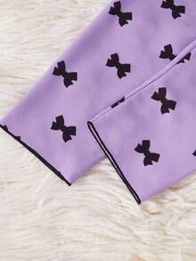 SHEIN 2件套女童杏色樱桃印花长裤短袖休闲宽松睡衣套装 - 紫色 - 查看 8