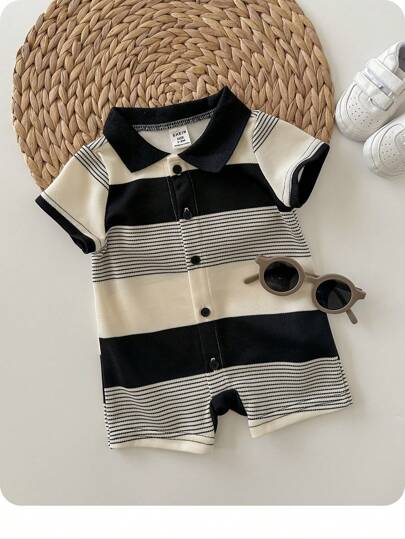 Newborn Baby Boy Summer Cute Knit Striped Short Sleeve Romper, Suitable For Birthday Party, Evening Party, Performance, Wedding, One-Month, Christening And 1st Birthday Celebration, Baby Shower