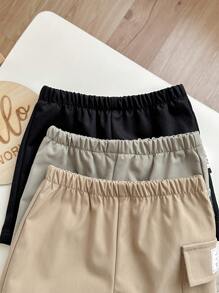 Set de 3 pantalones cortos de verano casuales y versátiles para bebé niño/niña, de unicolor, con bolsillo con letra, cintura elástica y multipaquete a juego - Multicolor - Ver 5