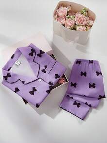 SHEIN 2件套女童杏色樱桃印花长裤短袖休闲宽松睡衣套装 - 紫色 - 查看 3