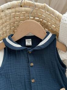 Quần yếm liền thân không tay cổ xanh navy phối màu cổ điển cho bé trai/bé gái, phong cách thường ngày của trường đại học, thích hợp cho kỳ nghỉ, du lịch, đi học, ở nhà và đi chơi vào mùa hè - Màu xanh lam - Xem 3