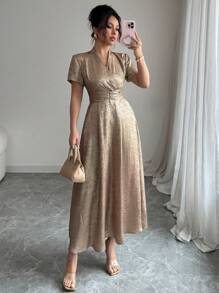 Chiquease Women's Fashionable & Elegant Vacation Dress, Short Sleeve, Cross V-Neck, Shoulder Pleats, Waist Ruching, A-Line, Zipper, Gold Shiny Fabric, Spring/Summer - Gold - View 5