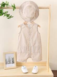 2 pièces/Ensemble Salopette sans manches rayée colorée abricot et chapeau seau pour bébé garçon/fille, tenue casual polyvalente pour les vacances et les voyages