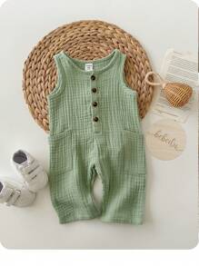Mono de tirantes de gasa verde casual y versátil para bebé recién nacido niño, adecuado para la playa y salidas - Multicolor - Ver 3